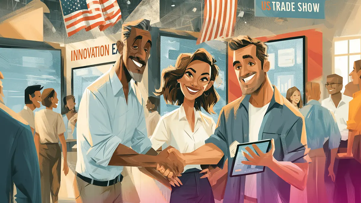 European exhibitor meeting an American client at a U.S. trade show booth - cultural differences in business communication