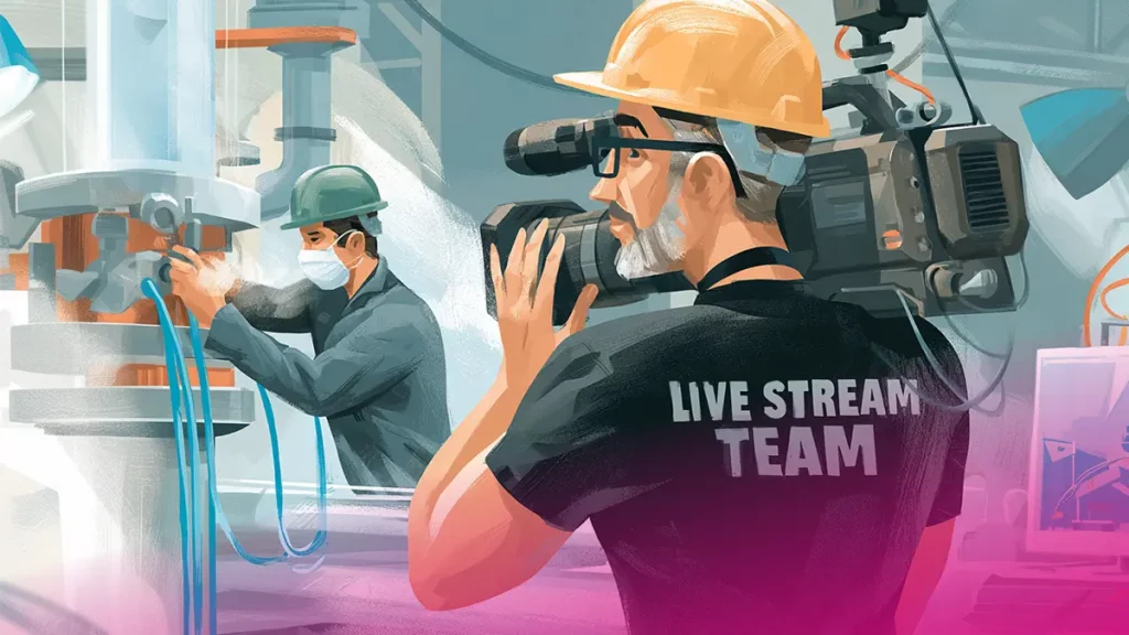 Engineer conducting a remote factory acceptance test via live camera feed from the production floor