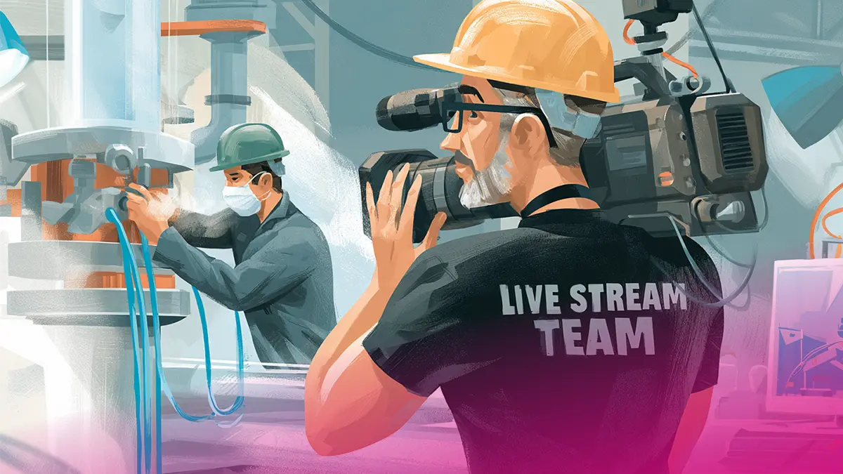 Engineer conducting a remote factory acceptance test via live camera feed from the production floor