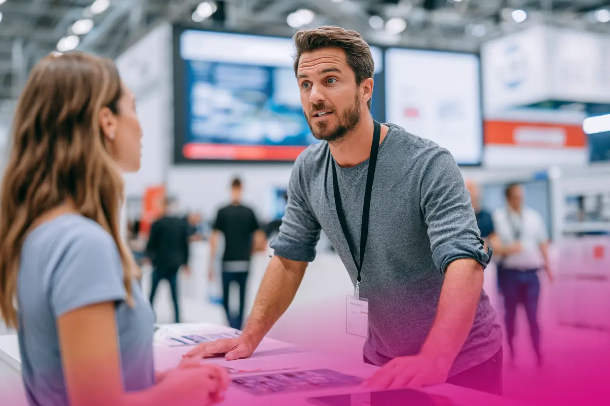 Live product demonstration at a trade show booth — visitor watching a hands-on demo with a sales representative
