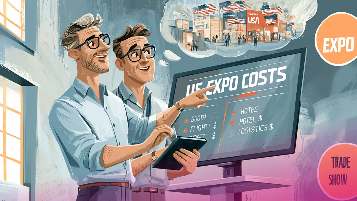 Cost breakdown of exhibiting at a U.S. trade show - booth rental, logistics, travel, and marketing materials budget