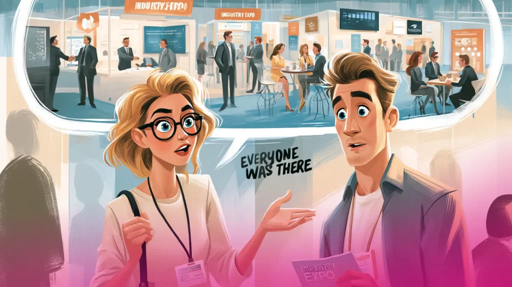 Crowded B2B industry trade show hall with exhibitor booths and visitors during peak hours