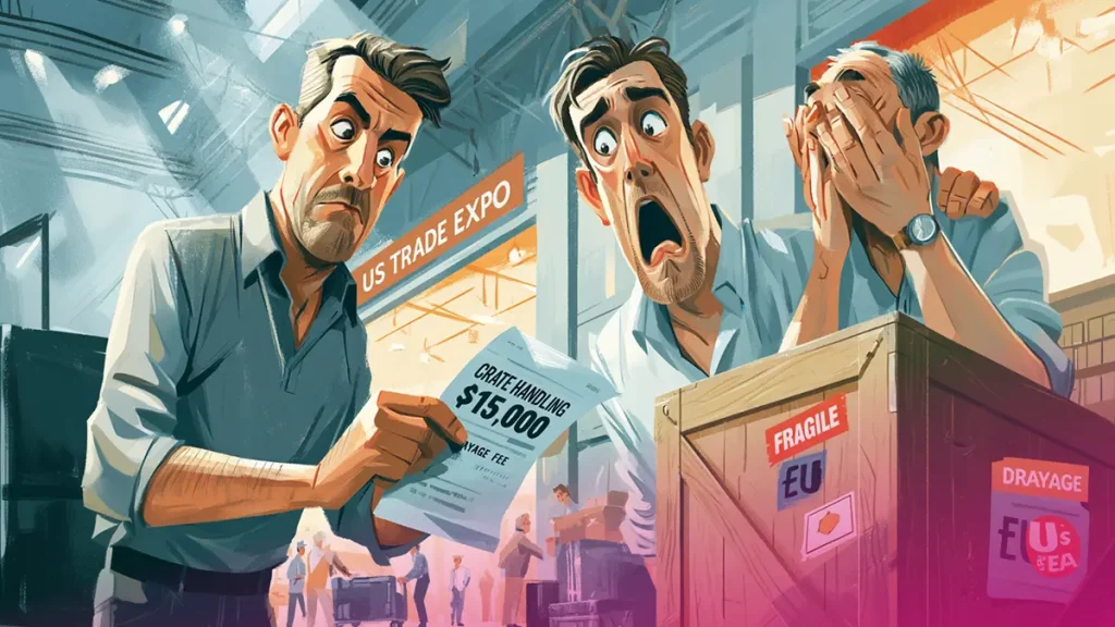 Three stunned European exhibitors at a U.S. trade show holding a $15,000 crate handling and drayage invoice.