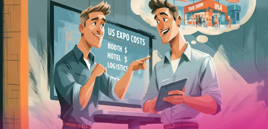 Two B2B specialists discussing the cost of building a trade show booth for a U.S. event and reviewing the project budget.
